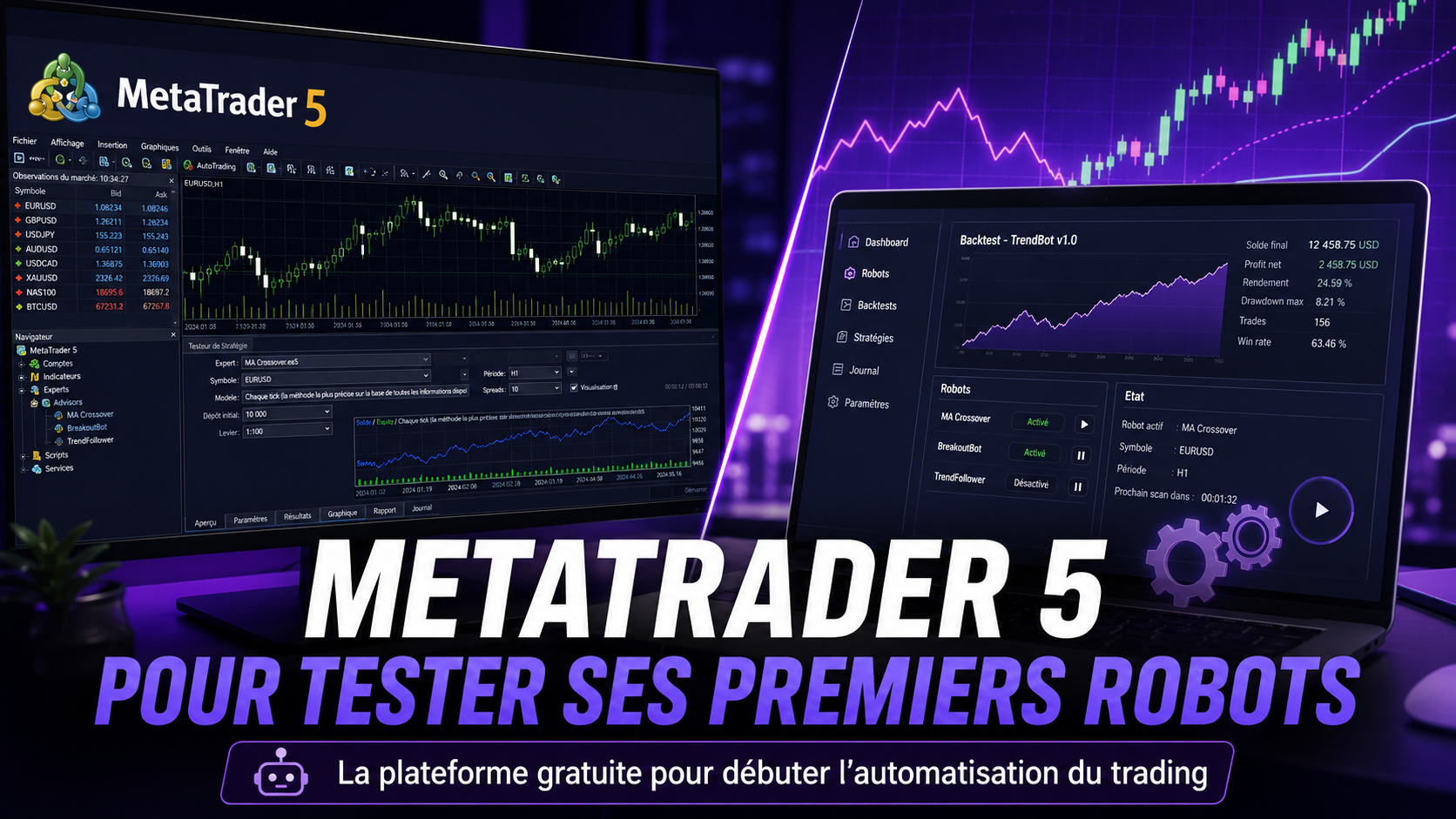 Interface MetaTrader 5 avec graphique, backtest et robots de trading